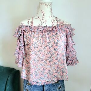 Romantic Pink & White Off Shoulder Ruffle Sleeve Blouse | Size XS | Like New